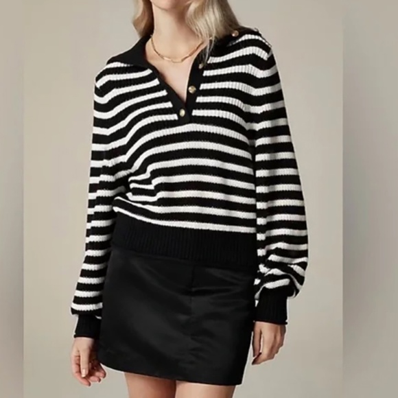 J.Crew Ribbed Button-Collar Sweater | Women’s Large | Black White Stripe - Picture 1 of 9